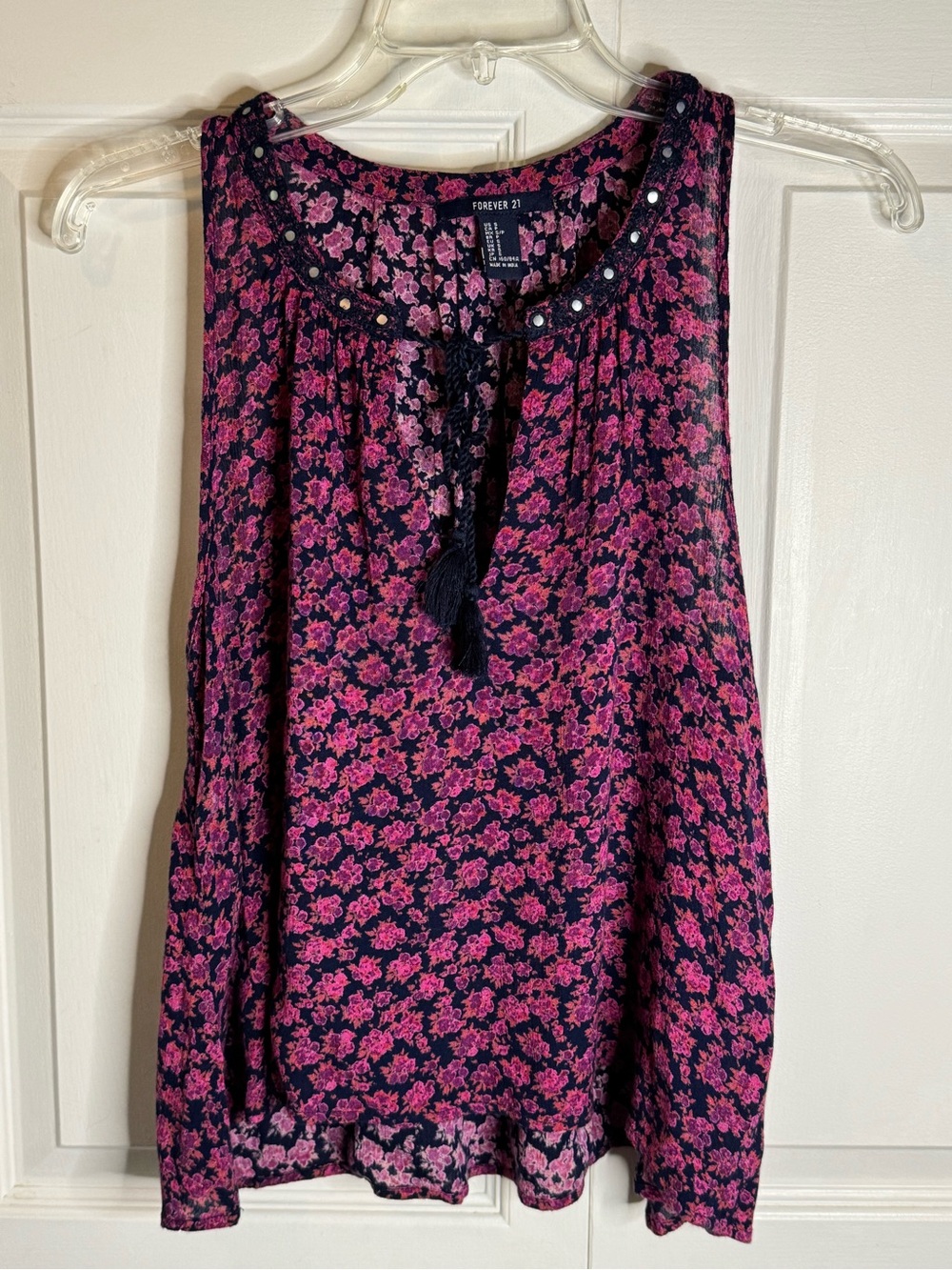 Forever 21 Navy and Pink Floral Tassel Tie Sleeveless Top